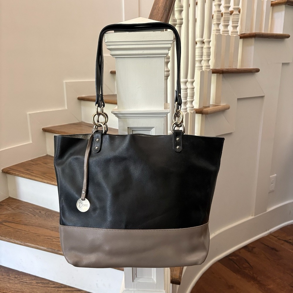 Fiore Italian Leather Tote Bag Made In Italy Black Taupe Shoulder Purse Large